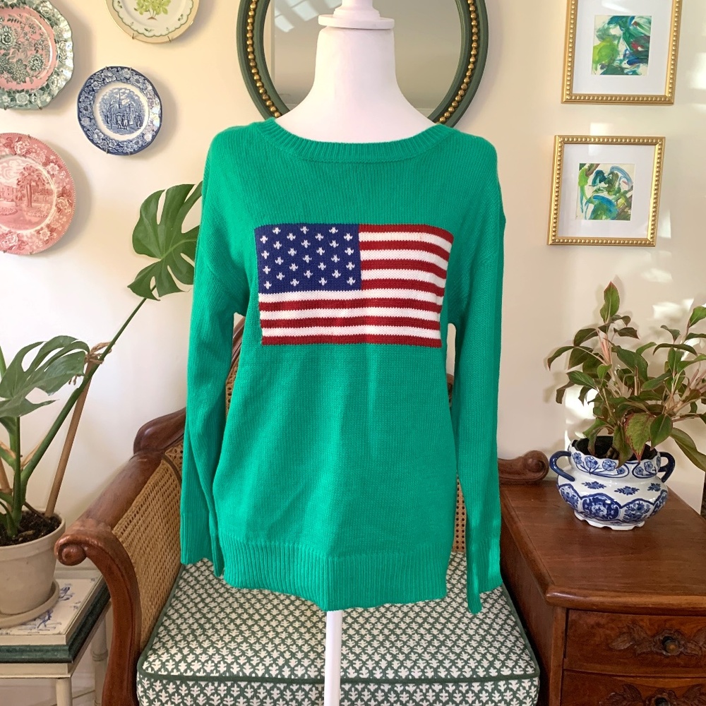 Green American Flag Crewneck Sweater Small